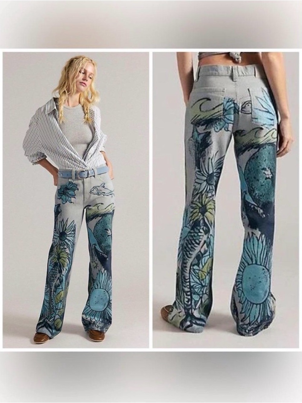 Free People Tinsley Printed Jeans Seashore Combo Blue Size 31 Straight Leg